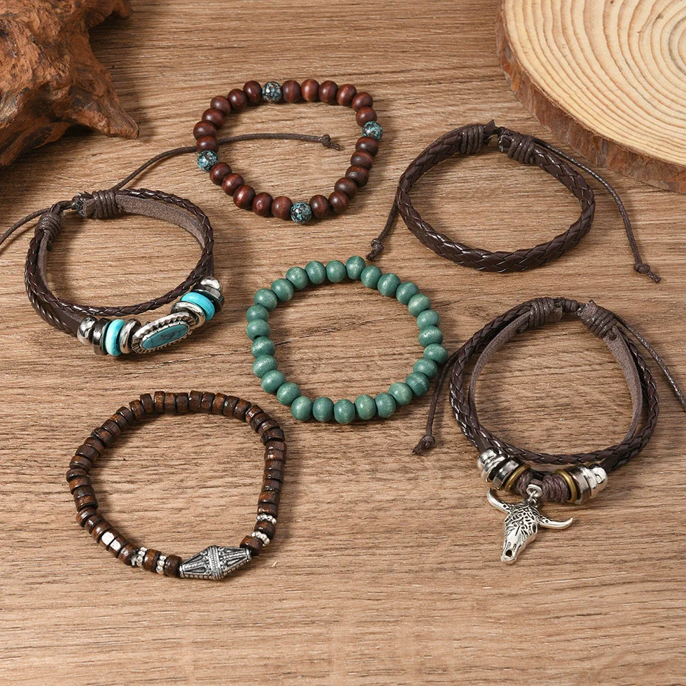Wholesale Bracelet Zinc Alloy Wood Beads Vintage Style Hand Knitted Leaves Pattern Unisex - Image 3