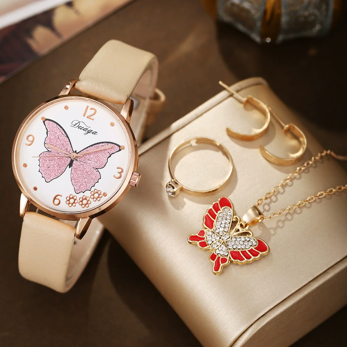 Wholesale Casual Female Round Stainless Steel Case Imitation Leather Strap Butterfly Printed Watch And Jewelry Set