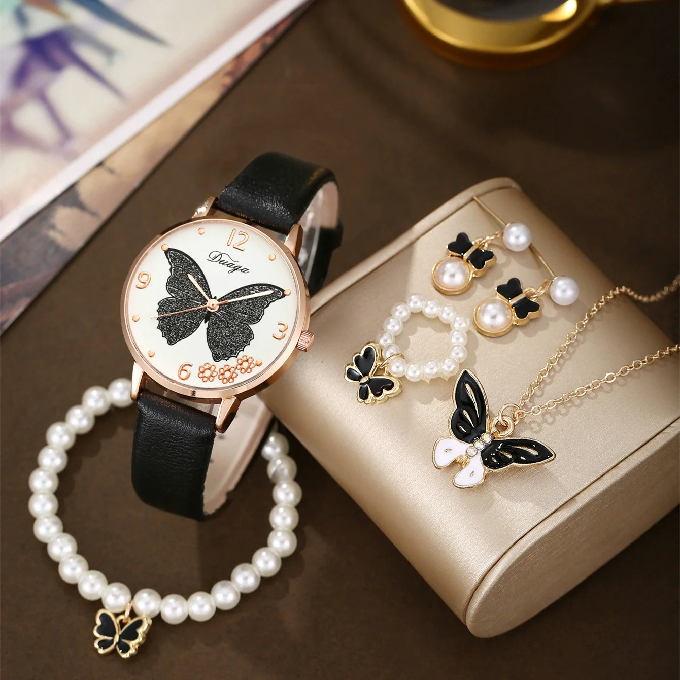 Wholesale Casual Female Round Stainless Steel Case Imitation Leather Strap Butterfly Printed Watch And Jewelry Set - Image 12