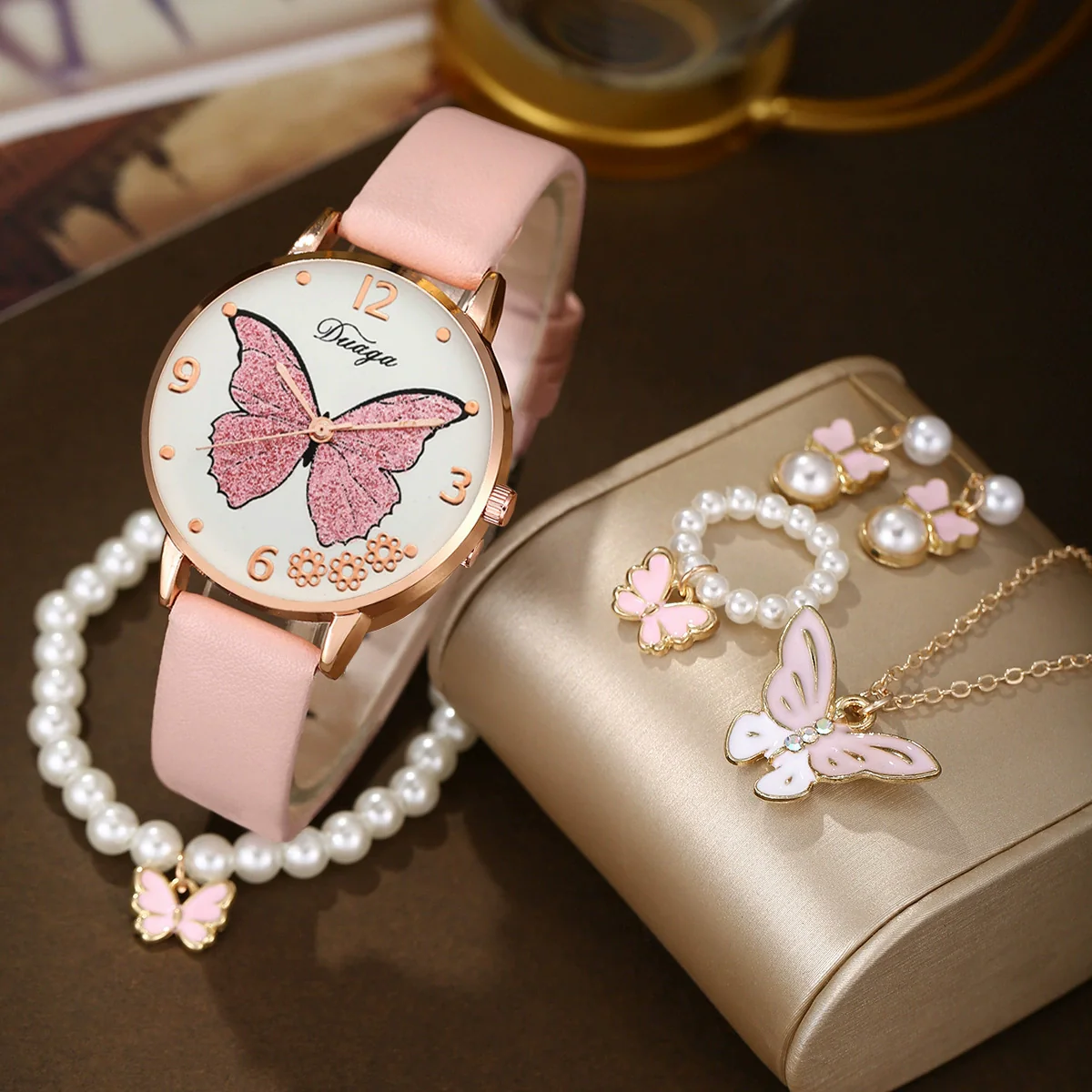 Wholesale Casual Female Round Stainless Steel Case Imitation Leather Strap Butterfly Printed Watch And Jewelry Set - Image 13