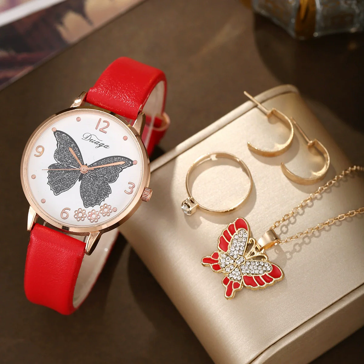 Wholesale Casual Female Round Stainless Steel Case Imitation Leather Strap Butterfly Printed Watch And Jewelry Set - Image 14