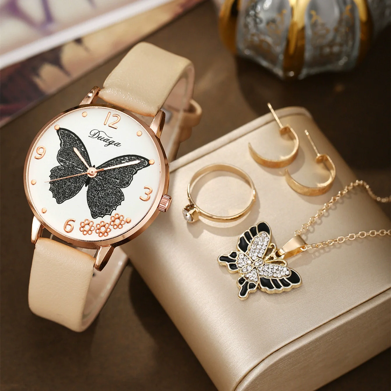Wholesale Casual Female Round Stainless Steel Case Imitation Leather Strap Butterfly Printed Watch And Jewelry Set - Image 15