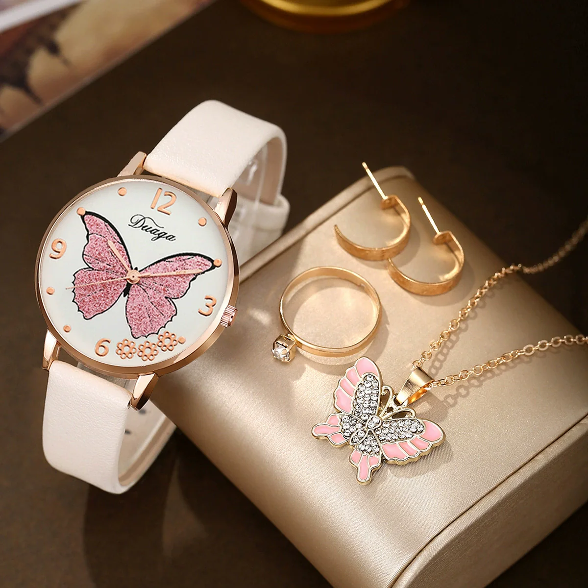 Wholesale Casual Female Round Stainless Steel Case Imitation Leather Strap Butterfly Printed Watch And Jewelry Set - Image 17