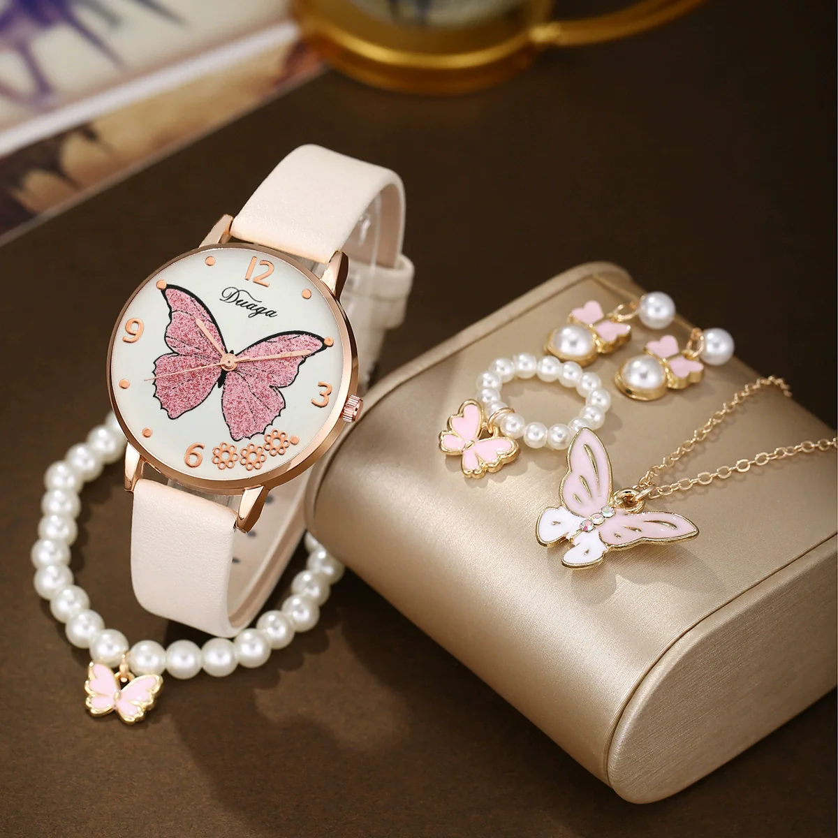 Wholesale Casual Female Round Stainless Steel Case Imitation Leather Strap Butterfly Printed Watch And Jewelry Set - Image 2