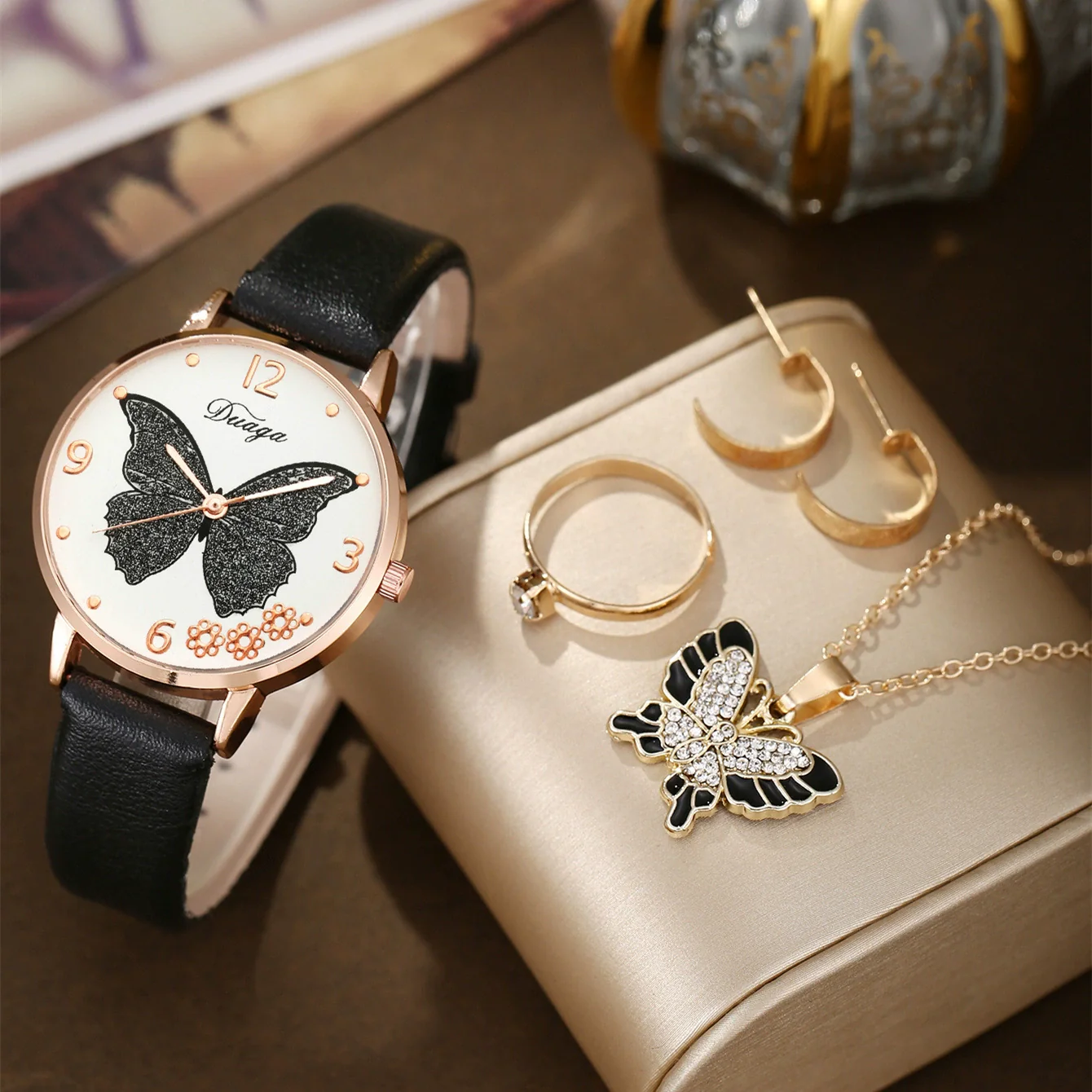 Wholesale Casual Female Round Stainless Steel Case Imitation Leather Strap Butterfly Printed Watch And Jewelry Set - Image 4