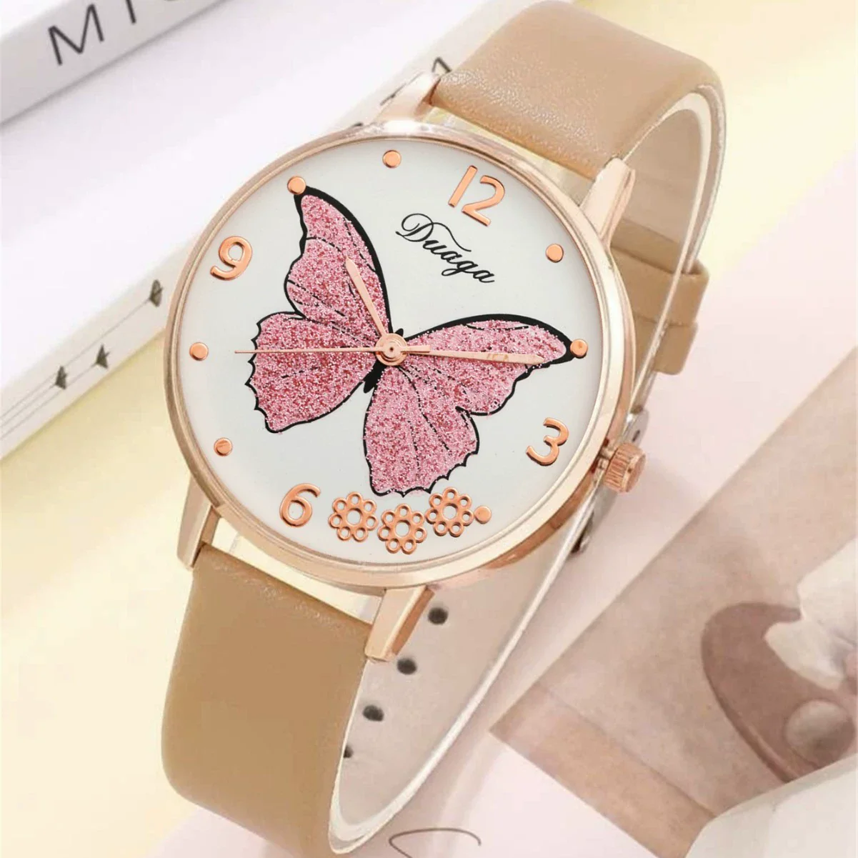 Wholesale Casual Female Round Stainless Steel Case Imitation Leather Strap Butterfly Printed Watch And Jewelry Set - Image 7
