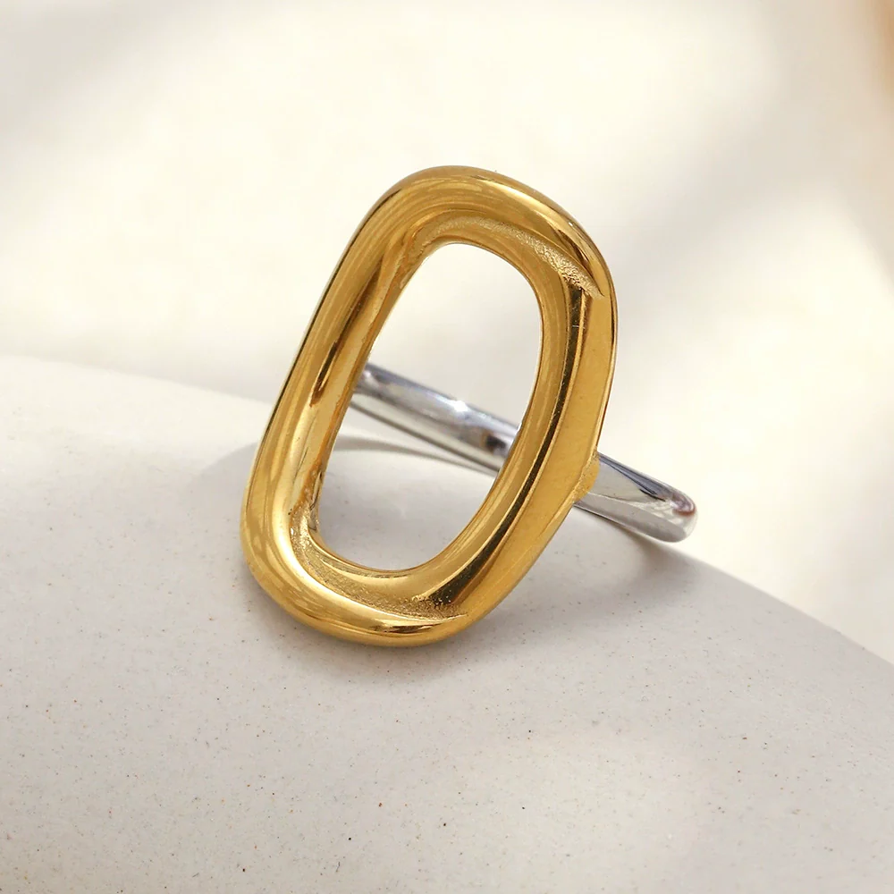 Wholesale Casual Geometric Asymmetrical Cut Out Oshaped 18K Gold Plated Stainless Steel Ring For Women - Image 4