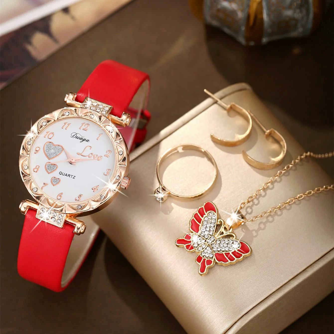 Wholesale Casual Sweet Round Dial Frosted Belt Watch With Pearl Butterfly Jewelry Set For Female Mirror Ordinary Glass Strap Imitation Leather Buckle Stainless Steel - Image 10