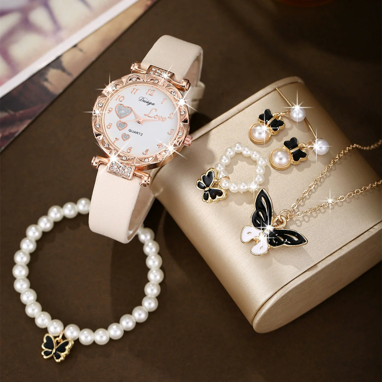 Wholesale Casual Sweet Round Dial Frosted Belt Watch With Pearl Butterfly Jewelry Set For Female Mirror Ordinary Glass Strap Imitation Leather Buckle Stainless Steel - Image 3