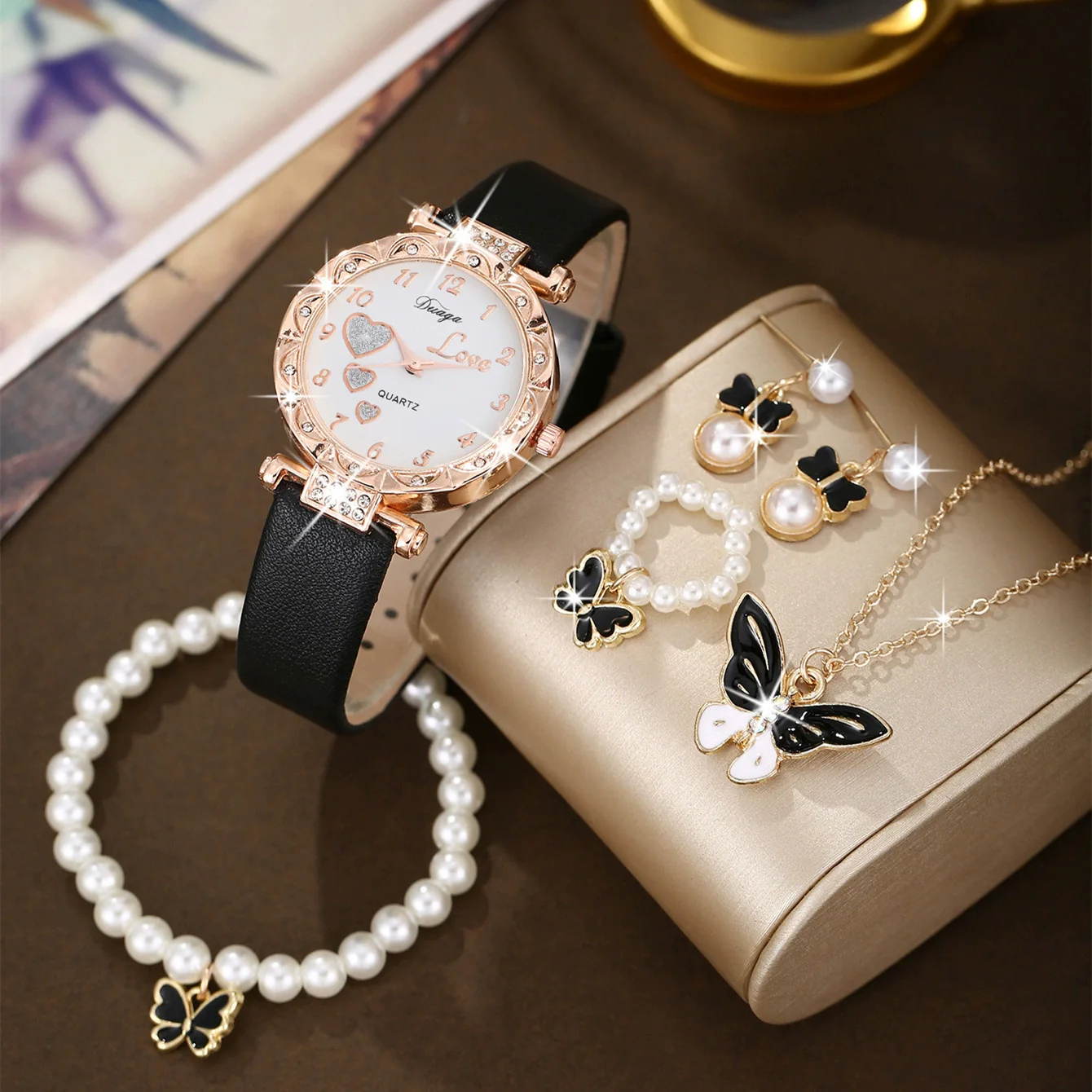 Wholesale Casual Sweet Round Dial Frosted Belt Watch With Pearl Butterfly Jewelry Set For Female Mirror Ordinary Glass Strap Imitation Leather Buckle Stainless Steel - Image 4