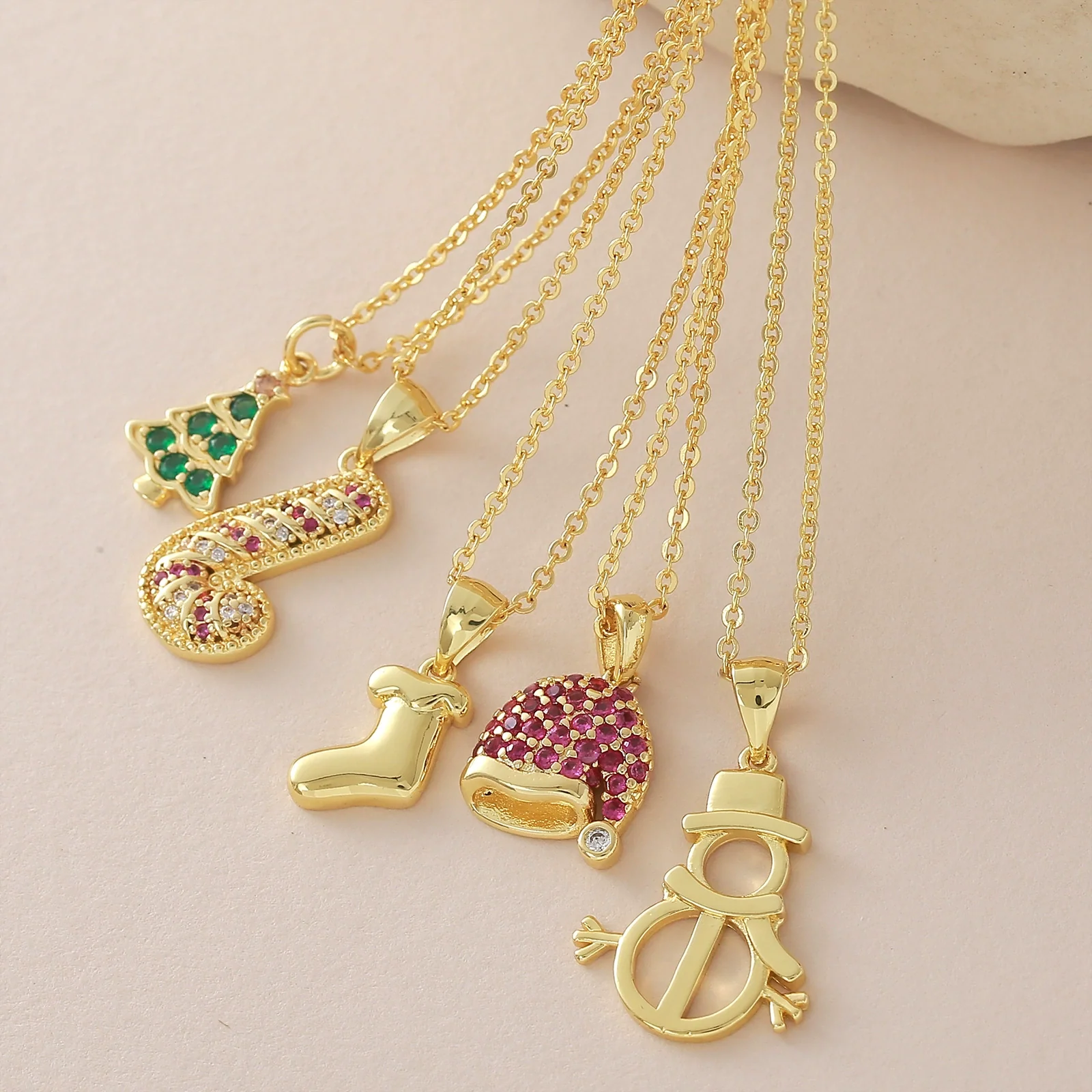 Wholesale Christmas Series Copper 18K Goldplated Pendant Necklace With Christmas Tree Snowman Socks Hat Scepter Light Luxury Style O Word Chain Unisex - Image 3