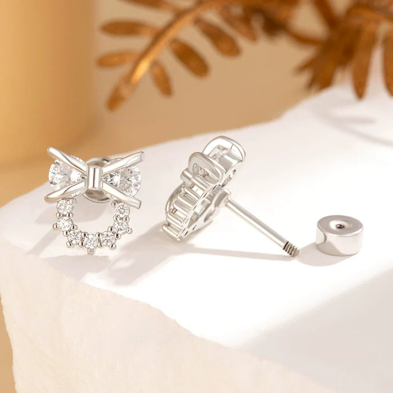 Wholesale Copper Bow Shape Light Luxury Style Zircon Ear Nail Ear Bone Nail Set With Diamonds