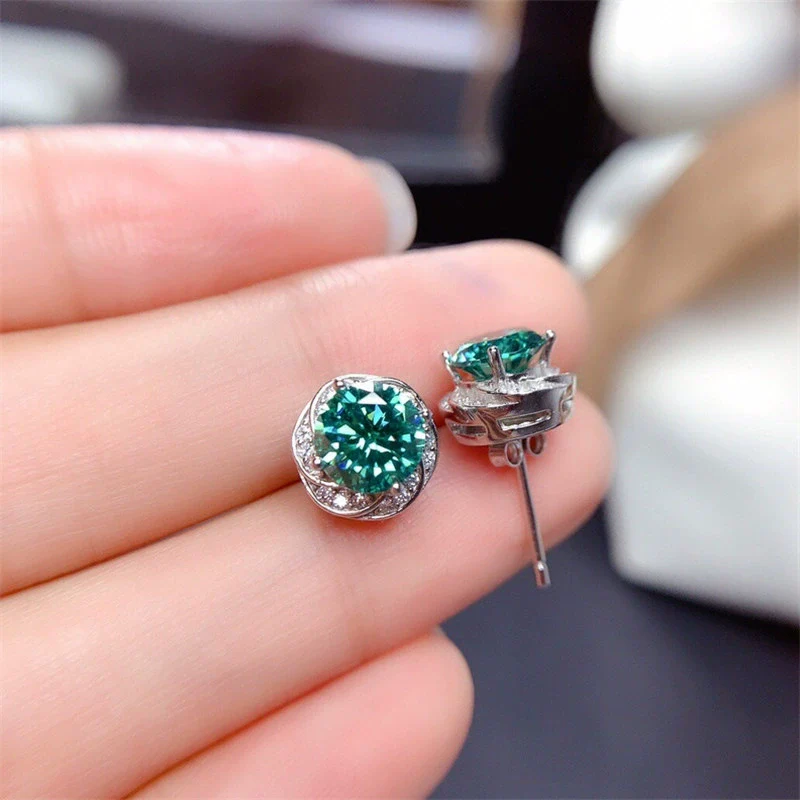 Wholesale Copper Earrings With Geometric Style And Flower Pattern Imitation Maldives Bluegreen Zircon - Image 3