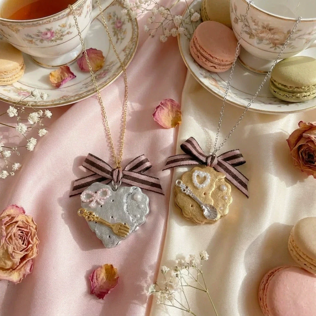 Wholesale Copper Electroplated Heart Shape Bow Tie Cookies Pendant Necklace For Girls - Image 3