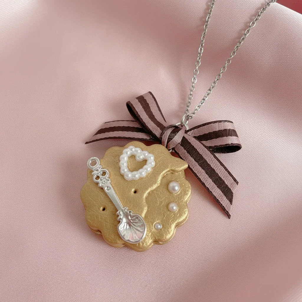 Wholesale Copper Electroplated Heart Shape Bow Tie Cookies Pendant Necklace For Girls - Image 7