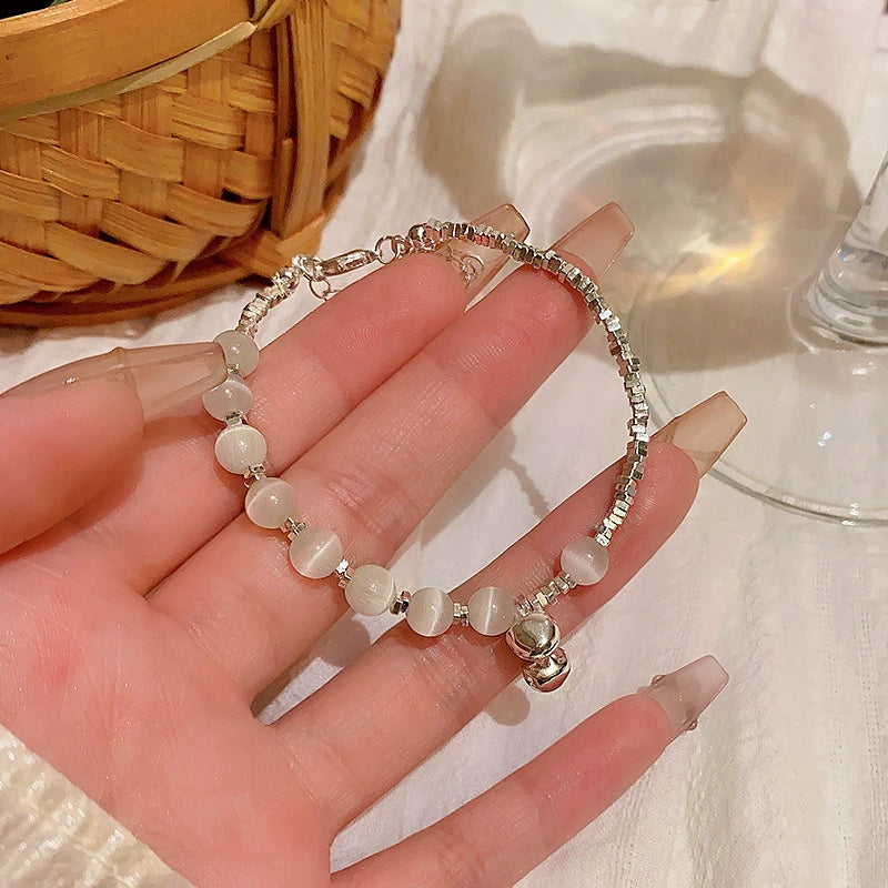 Wholesale Copper Geometric Beaded Bracelet With Cat's Eye Bell Electroplated For Women Light Luxury Niche Design Jewelry - Image 2