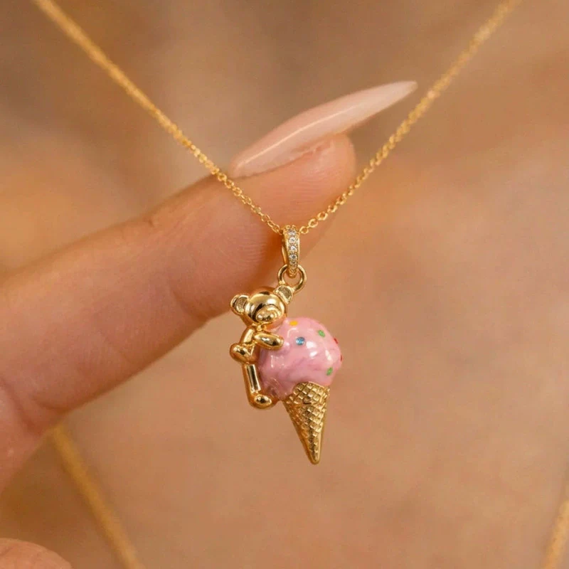 Wholesale Copper Ice Cream And Little Bear Shaped Pendant Necklace With Gold And Silver Twotone Electroplated Design For Women - Image 2