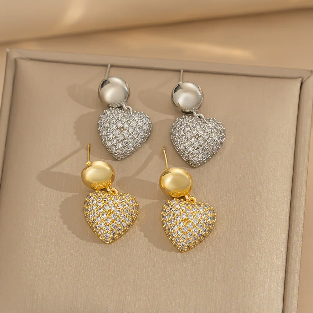 Wholesale Copper Inlaid Zircon Earrings For Women Minimalist Style Heart Shape Electroplating Treatment
