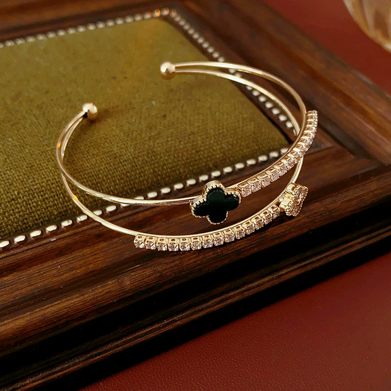 Wholesale Copper Plastic Zirconia Rhombus Flower Doublelayered Open Women's Bracelet Sophisticated Style - Image 6