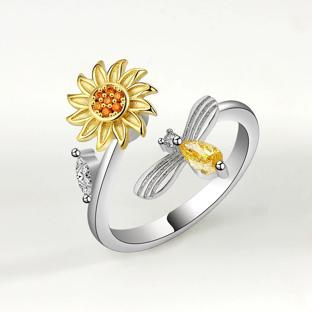 Wholesale Copper Women's Geometric Flower Butterfly Swivel Ring Set With Electroplating - Image 6