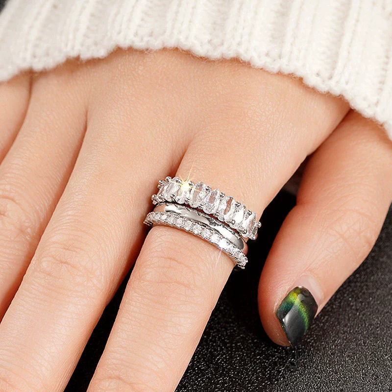 Wholesale Copper Zircon Geometric Light Luxury Ring Threepiece Set For Women - Image 3