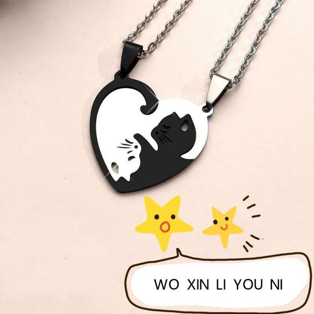 Wholesale Couple Necklace Titanium Steel Cat Hug Heart Electroplating Design - Image 4