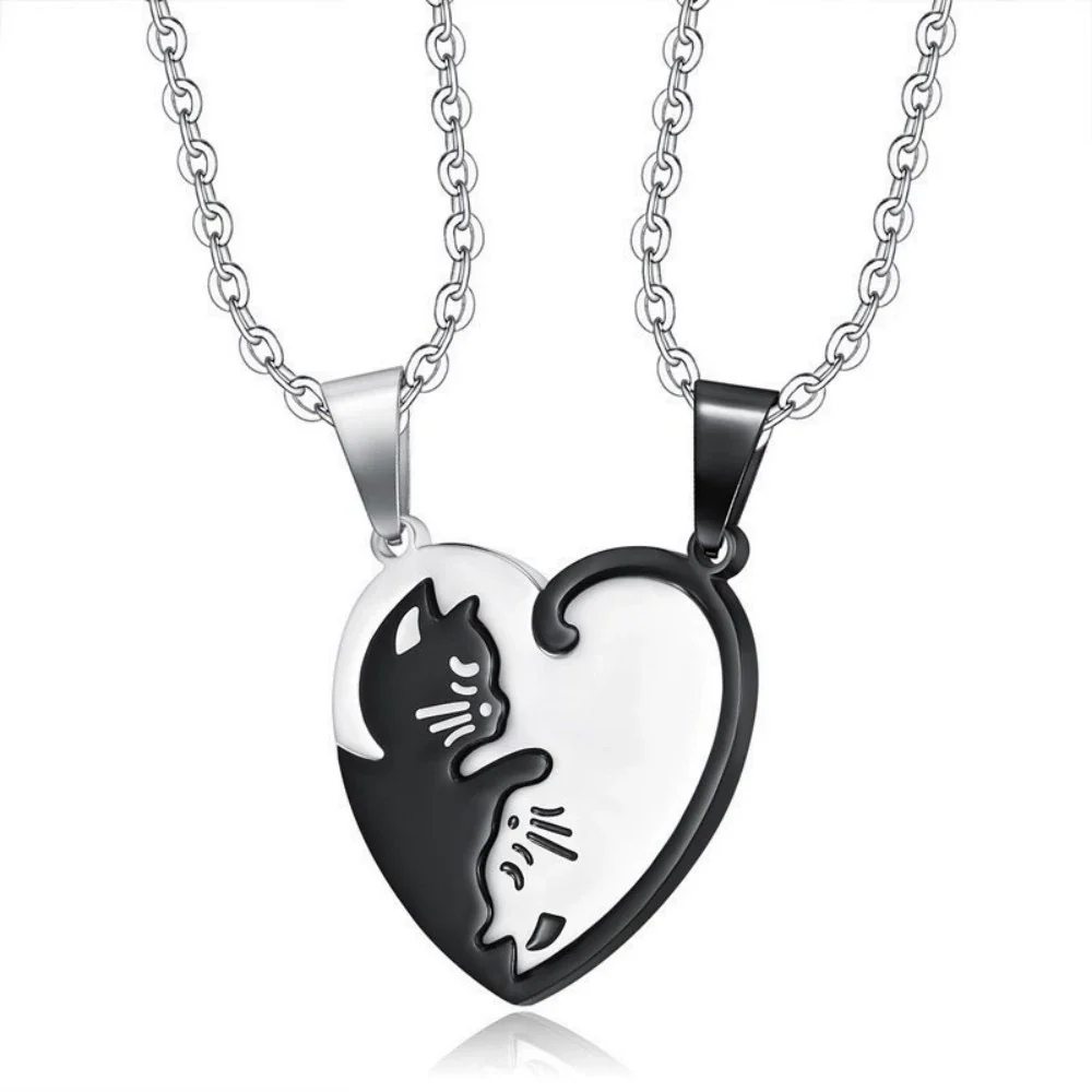 Wholesale Couple Necklace Titanium Steel Cat Hug Heart Electroplating Design - Image 5