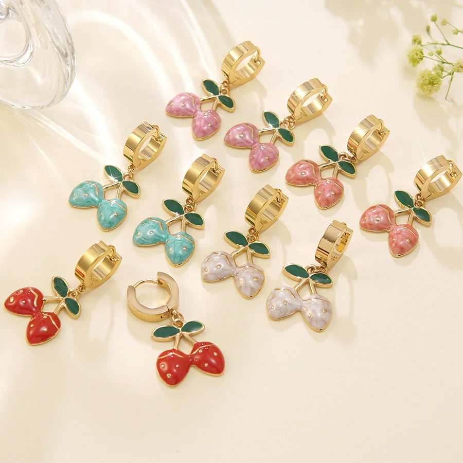 Wholesale Creamy Sweet Style Fruit Pattern Electroplated Stainless Steel Earrings For Women
