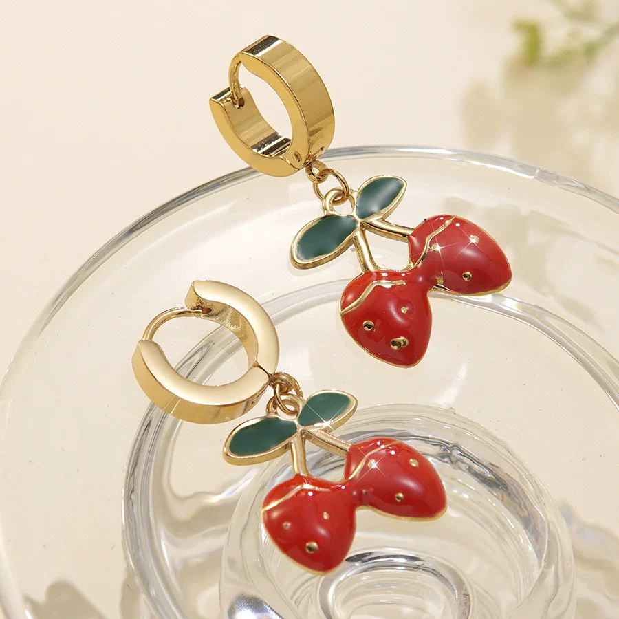 Wholesale Creamy Sweet Style Fruit Pattern Electroplated Stainless Steel Earrings For Women - Image 6