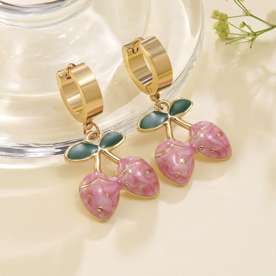 Wholesale Creamy Sweet Style Fruit Pattern Electroplated Stainless Steel Earrings For Women - Image 7