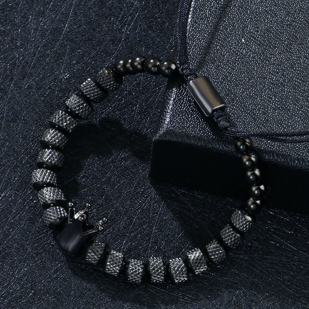 Wholesale Crown Style Titanium Steel Beaded Pineapple Bead Hand Woven Adjustable Electroplated Men's Bracelet - Image 4