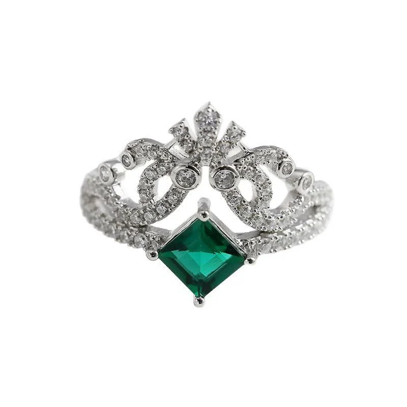 Wholesale Cultured Emerald And Diamond Set Crownshaped S925 Silver Ring For Women - Image 5