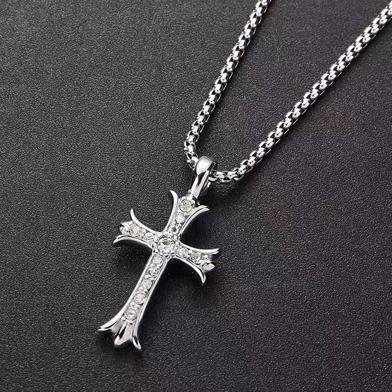 Wholesale Diamond Geometric Cross Pendant Necklace Made Of Titanium Steel And Pearl Chain For Unisex - Image 3