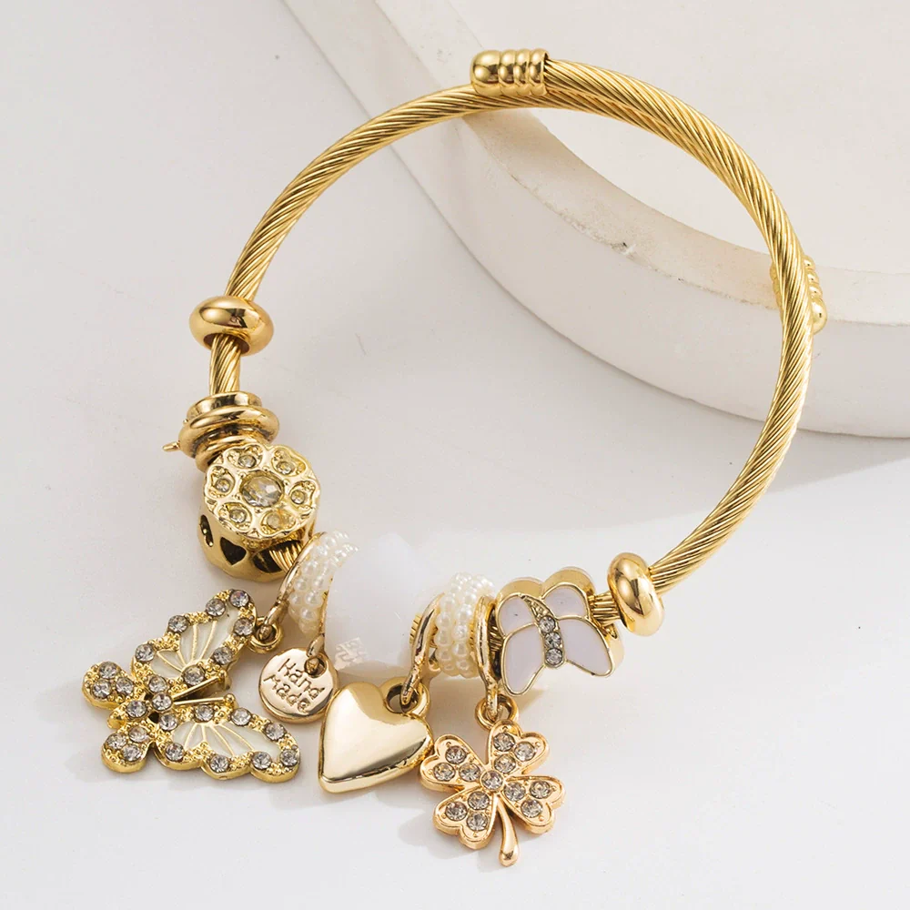 Wholesale Diamondencrusted Adjustable Bracelet With Butterfly Heart Fourleaf Clover Shape For Unisex Made Of Alloy - Image 3