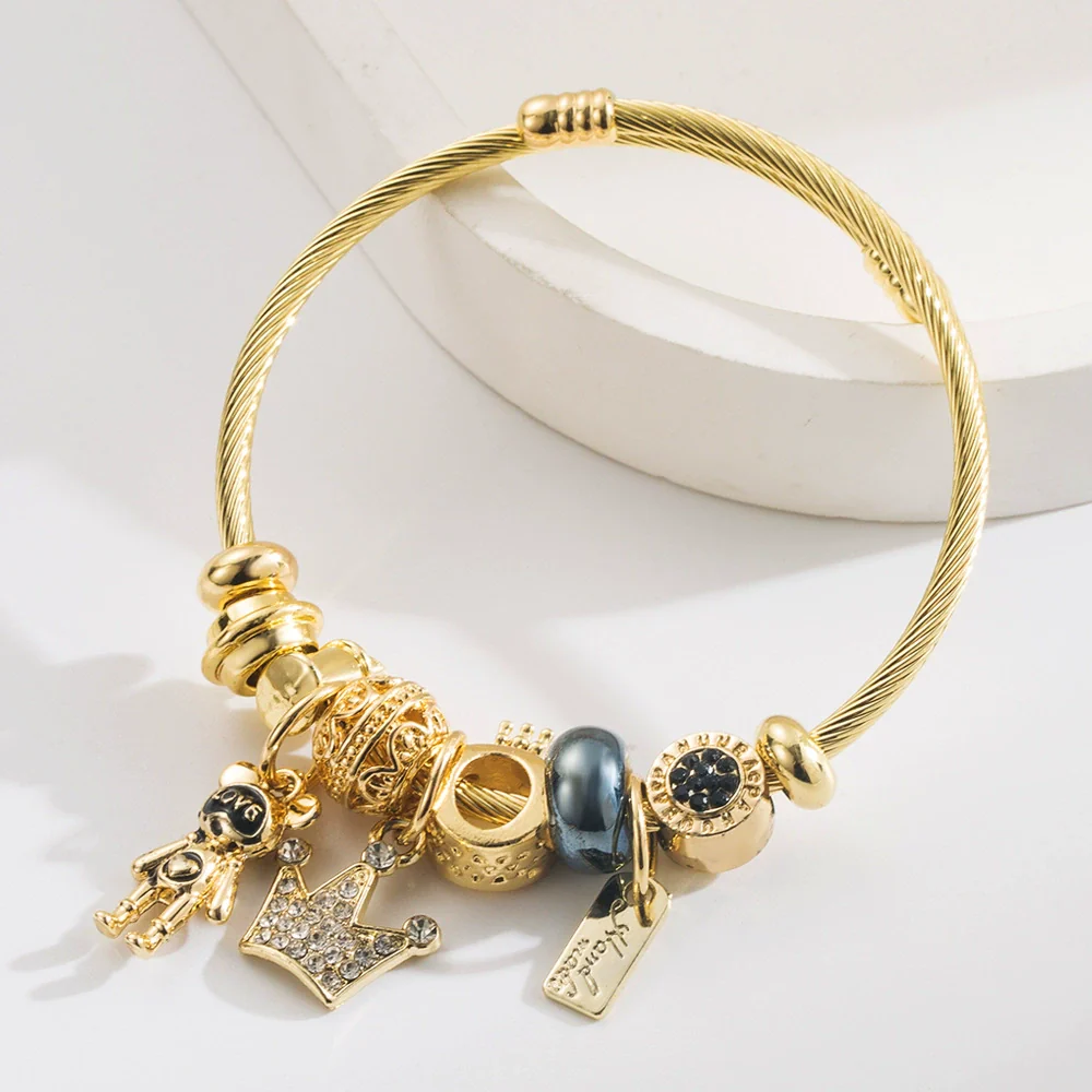 Wholesale Diy Adjustable Couple Stainless Steel And Alloy Bracelet With Crown And Bear Letter Pendant For Women - Image 7
