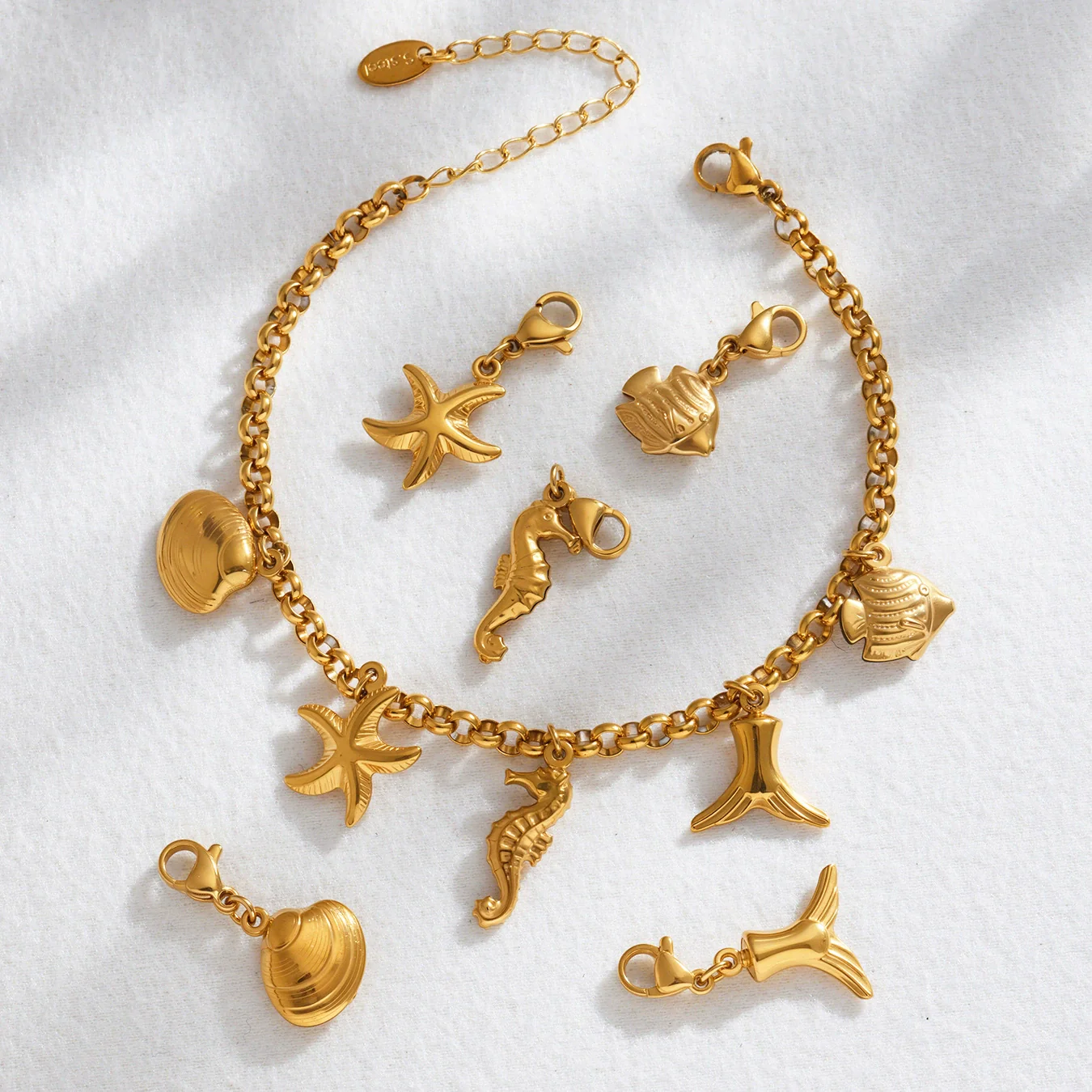 Wholesale Diy Ocean Style Stainless Steel Geometric Ferris Wheel Seahorse Starfish Fish Tail Shell Flying Fish Pendant Bracelet For Women Electroplated - Image 4