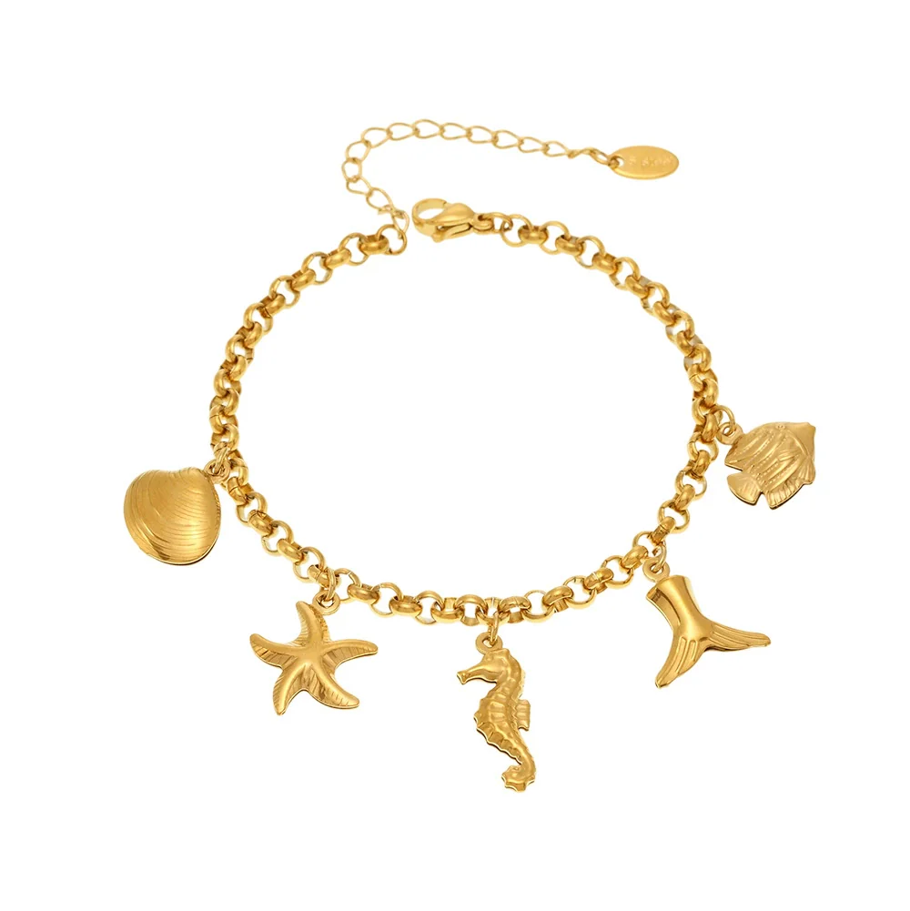 Wholesale Diy Ocean Style Stainless Steel Geometric Ferris Wheel Seahorse Starfish Fish Tail Shell Flying Fish Pendant Bracelet For Women Electroplated - Image 5