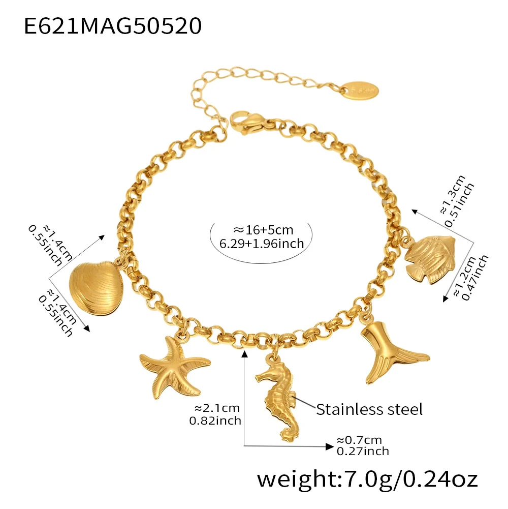 Wholesale Diy Ocean Style Stainless Steel Geometric Ferris Wheel Seahorse Starfish Fish Tail Shell Flying Fish Pendant Bracelet For Women Electroplated - Image 6