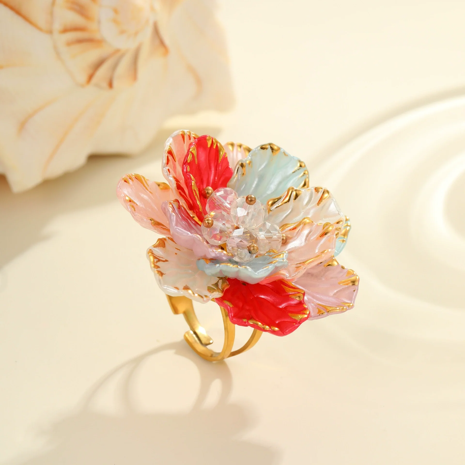 Wholesale Dopamine Colorful Geometric Flower Imitation Pearl Electroplated Stainless Steel Ring For Women - Image 3