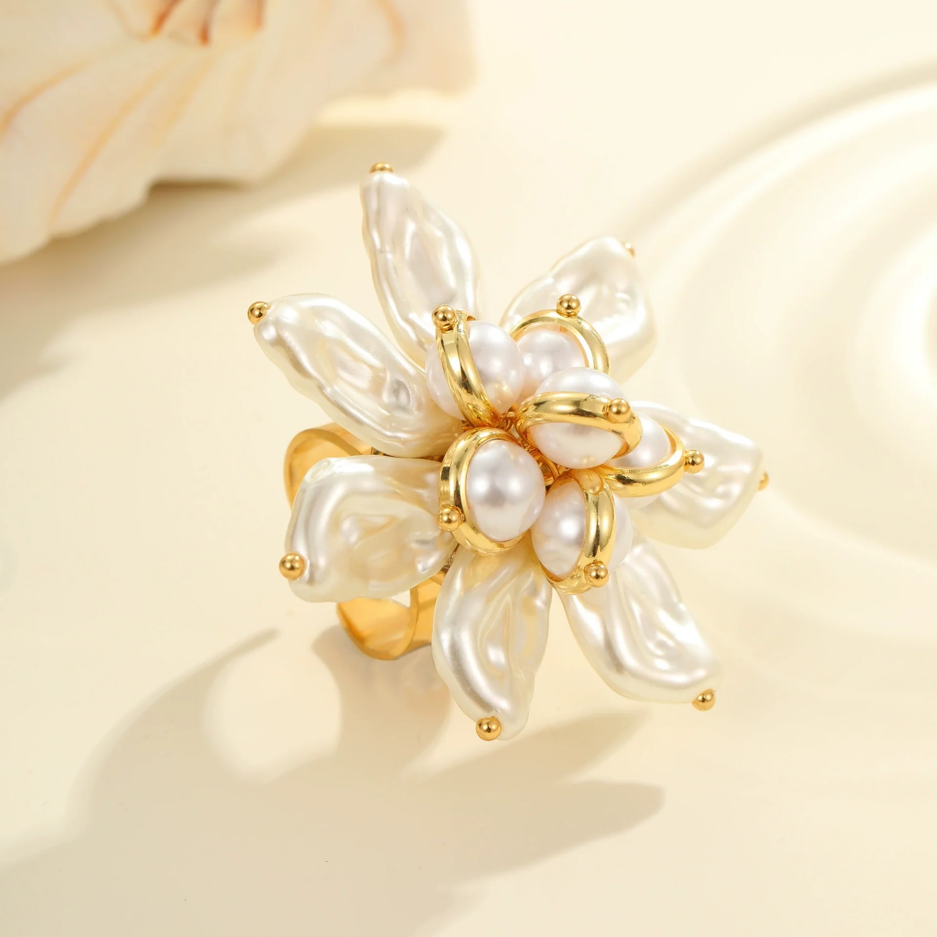 Wholesale Dopamine Colorful Geometric Flower Imitation Pearl Electroplated Stainless Steel Ring For Women - Image 4