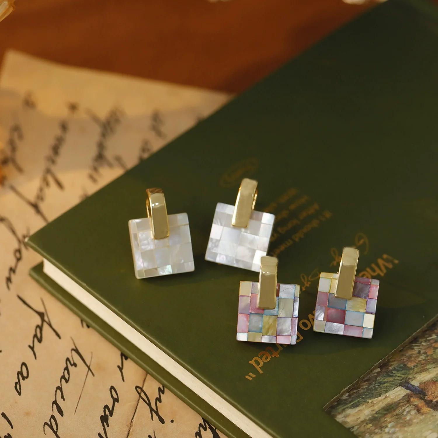 Wholesale Earrings Copper Geometric Square Shell Stitching Retro Style Electroplated - Image 3
