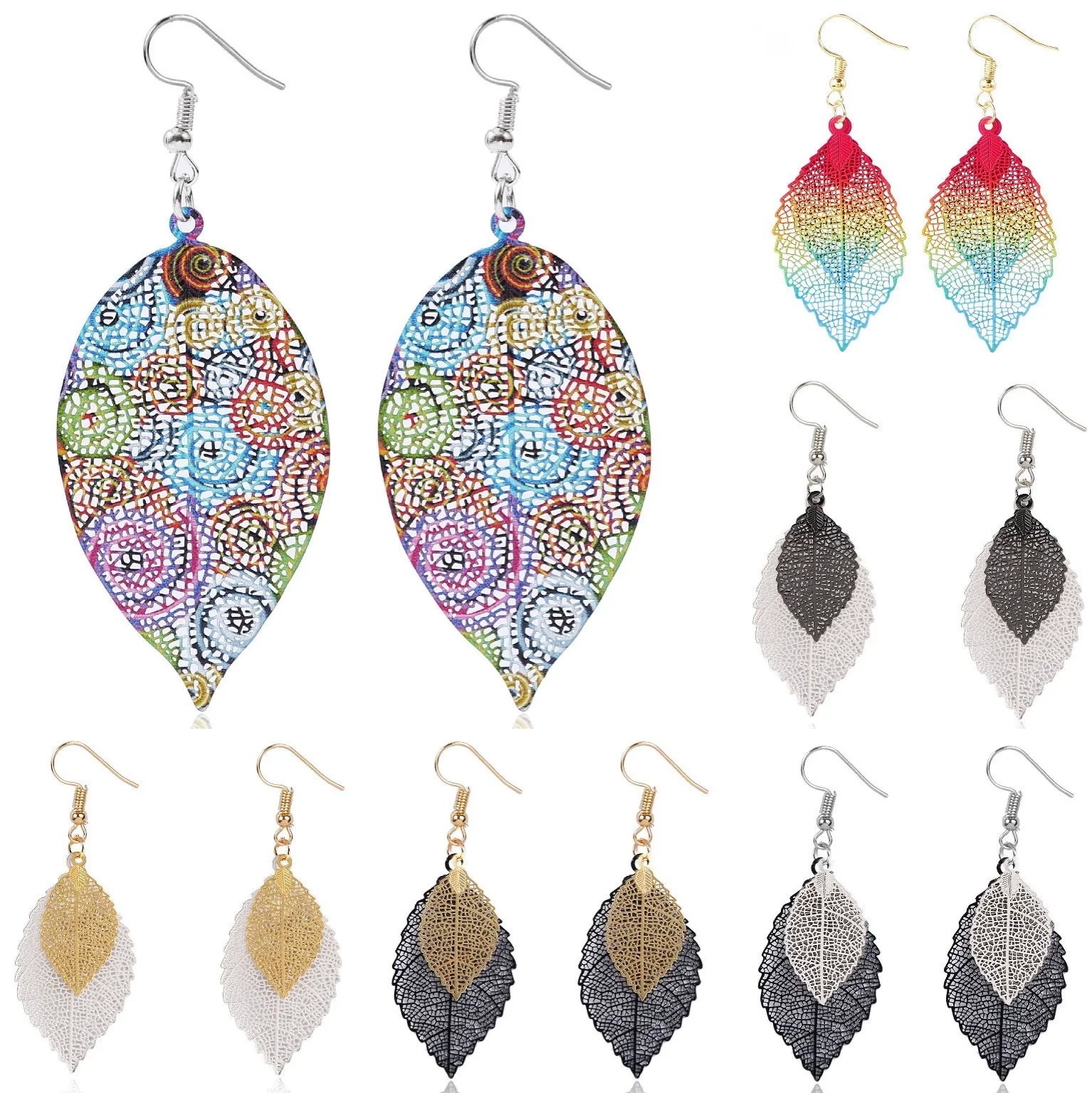 Wholesale Earrings Copper Leaf Double Layer Hollow Vintage Electroplated