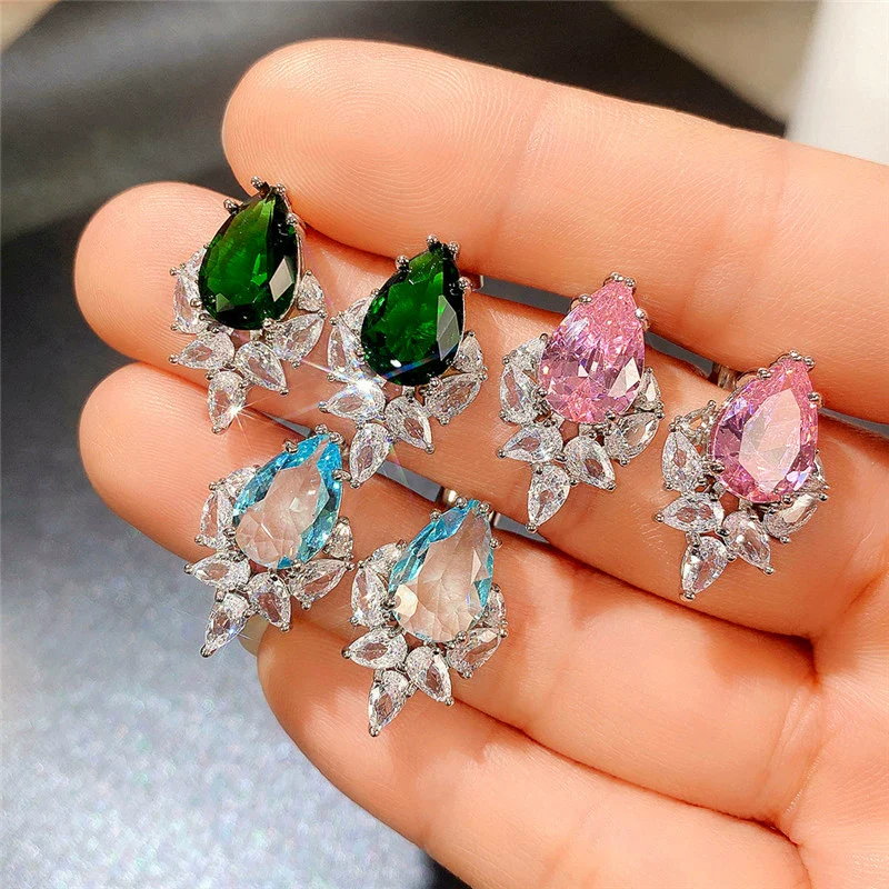 Wholesale Earrings Copper Pink Diamond Water Drops Pearshaped Ice Flower Zircon - Image 4