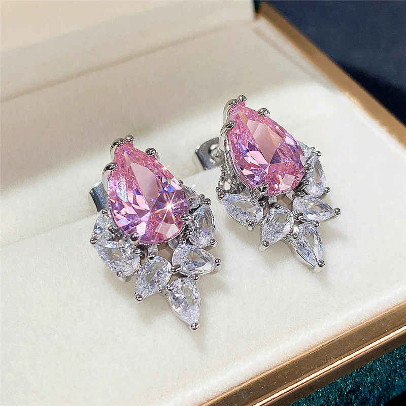 Wholesale Earrings Copper Pink Diamond Water Drops Pearshaped Ice Flower Zircon - Image 6