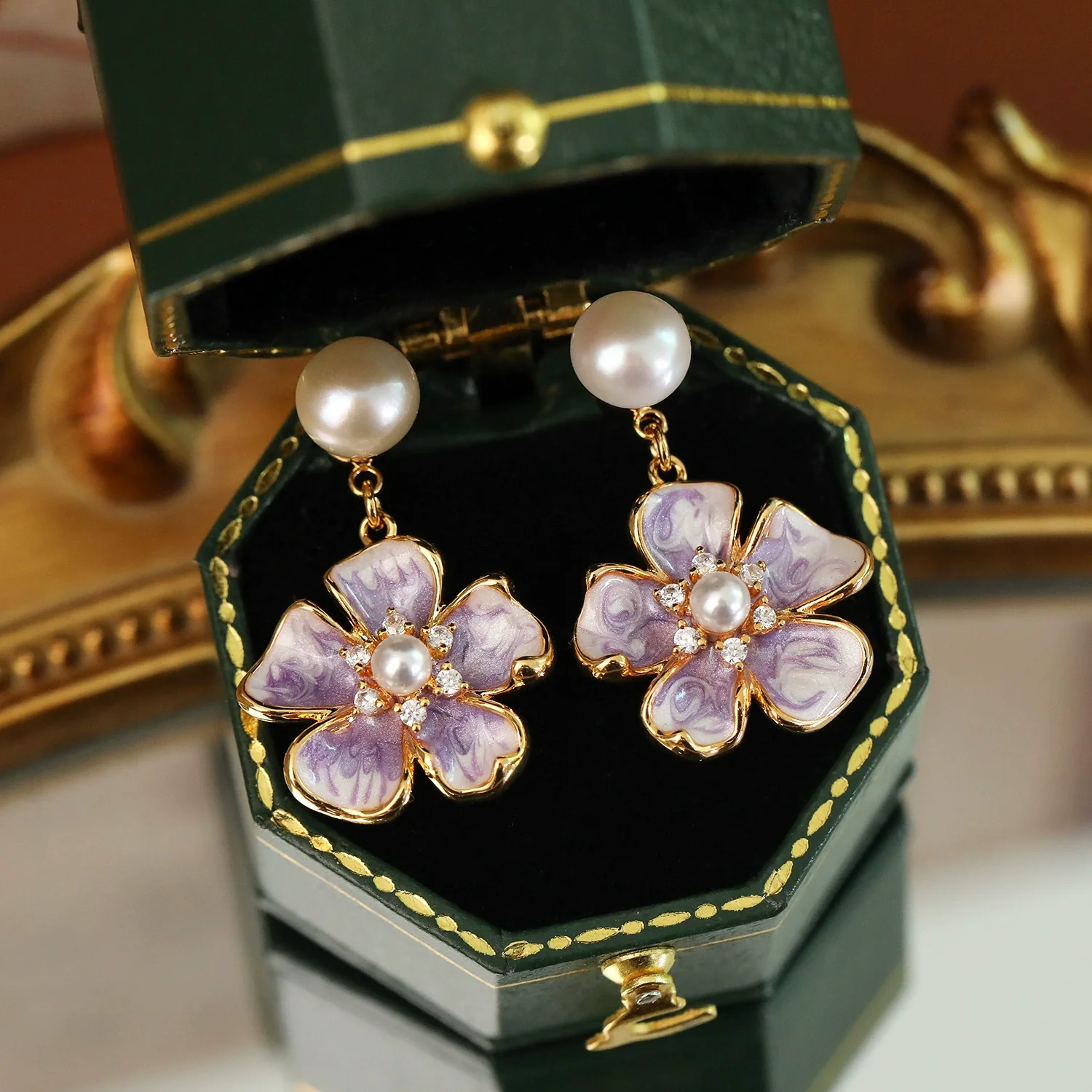 Wholesale Earrings Copper Retro Purple Enamel Drip Glaze Geometric Natural Freshwater Pearl Electroplating For Women - Image 3