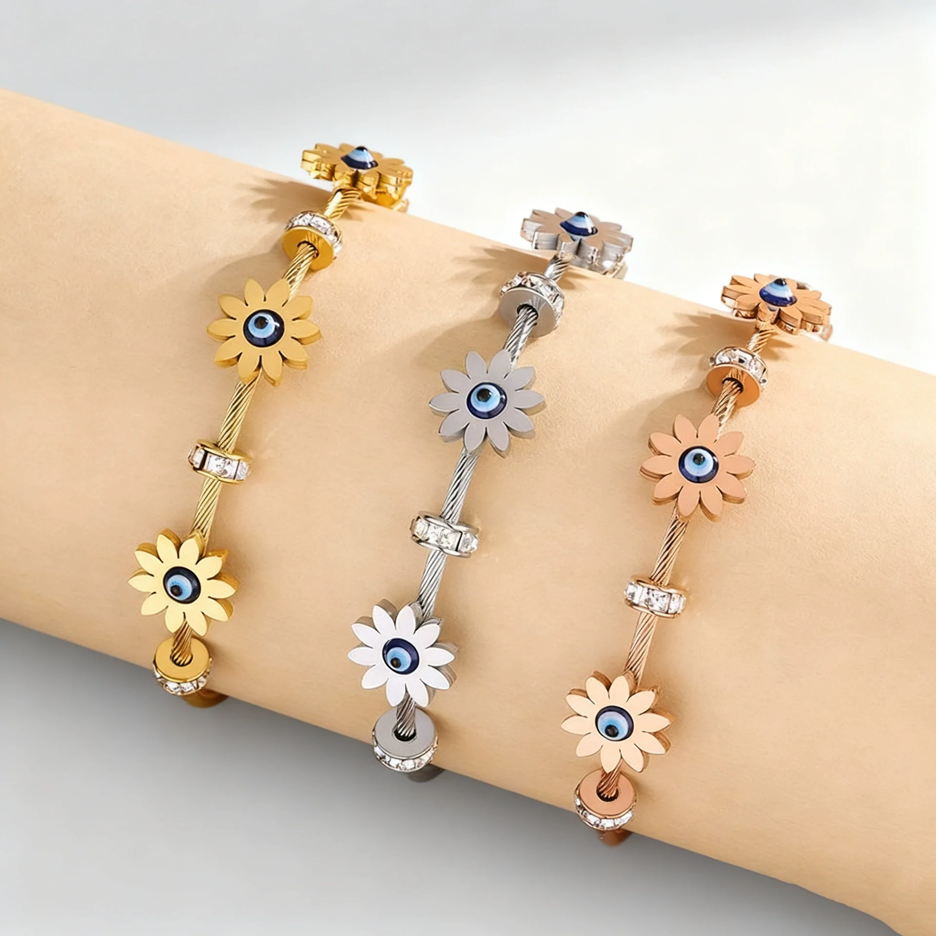 Wholesale Electroplated Geometric Devil's Eye Sunflower Stainless Steel Bracelet Jewelry - Image 2