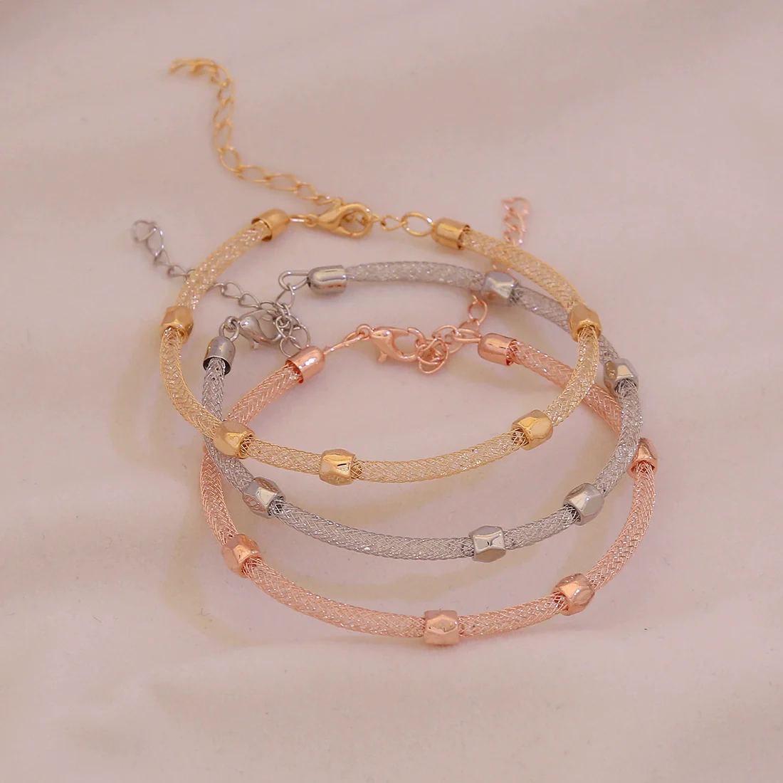 Wholesale Electroplated Metal Cshaped Rhinestone Mesh Open Elastic Bracelets For Women - Image 2