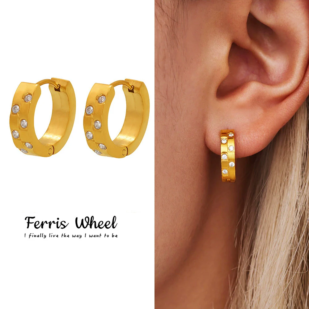 Wholesale Electroplated Titanium Steel And Zircon Geometric Ferris Wheel Inlaid Earrings For Unisex With Ins Style