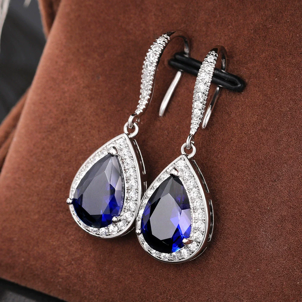 Wholesale Elegant Natural Dropshaped Sapphire Tamsang Zircon Earrings Copper Material - Image 3