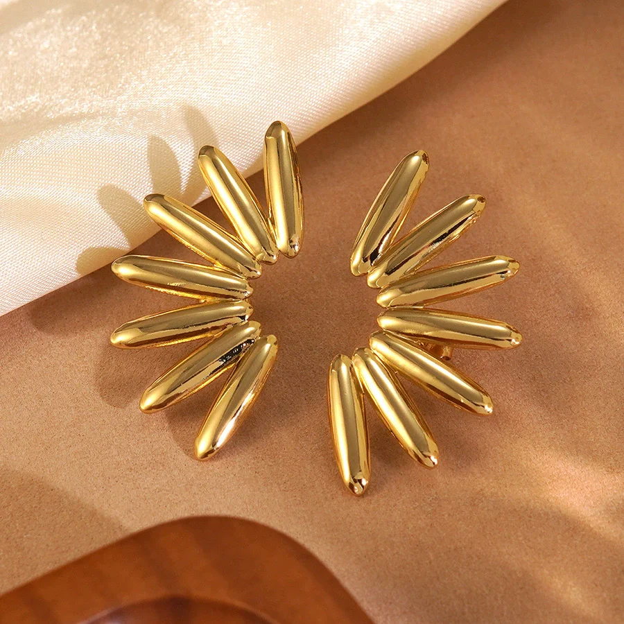 Wholesale Exaggerated Stylish Cut Out Geometric Hollow Fanshaped Stainless Steel Water Plated Earrings For Women